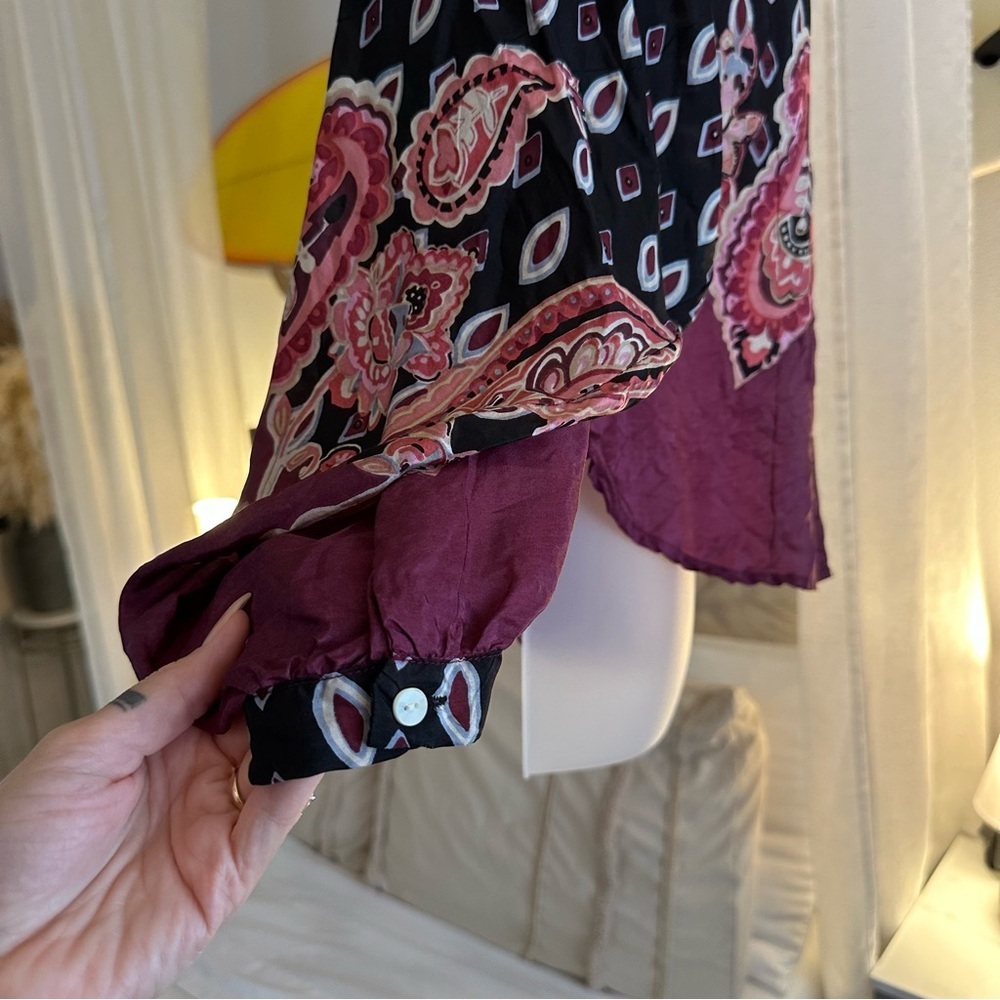 Lucky Brand 100% Silk Batwing Oversized Balloon Sleeve Paisley Burgundy Top XS - Picture 3 of 11